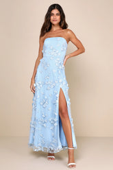 Rare Presence Navy Blue 3D Floral Embroidered Maxi Dress