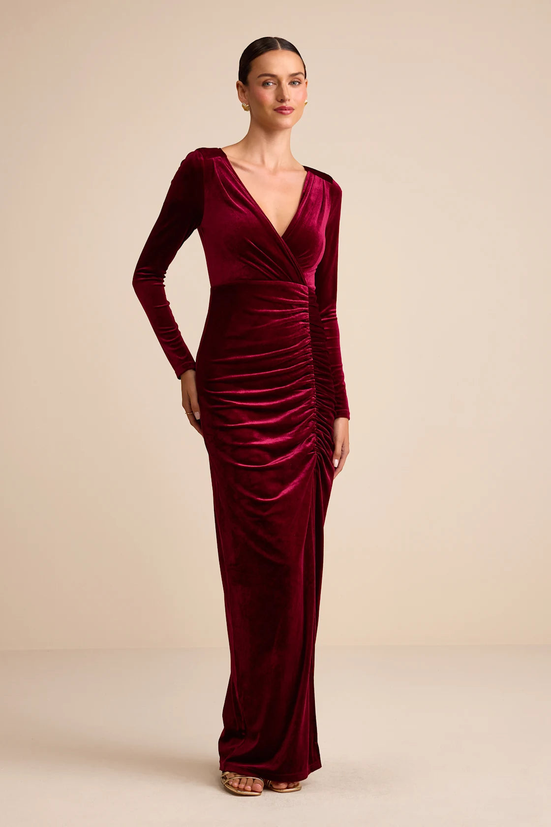 Yasna Brown Velvet Ruched Surplice Long Sleeve Maxi Dress