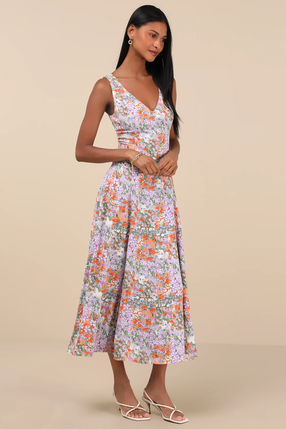 Your Only Darling Lavender Floral Print Sleeveless Midi Dress