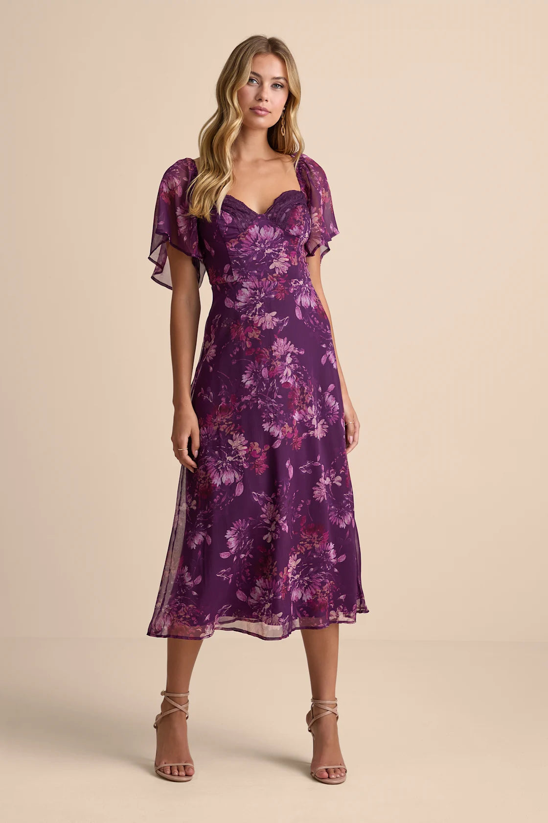 Valla Light Blue Floral Flutter Sleeve Midi Dress