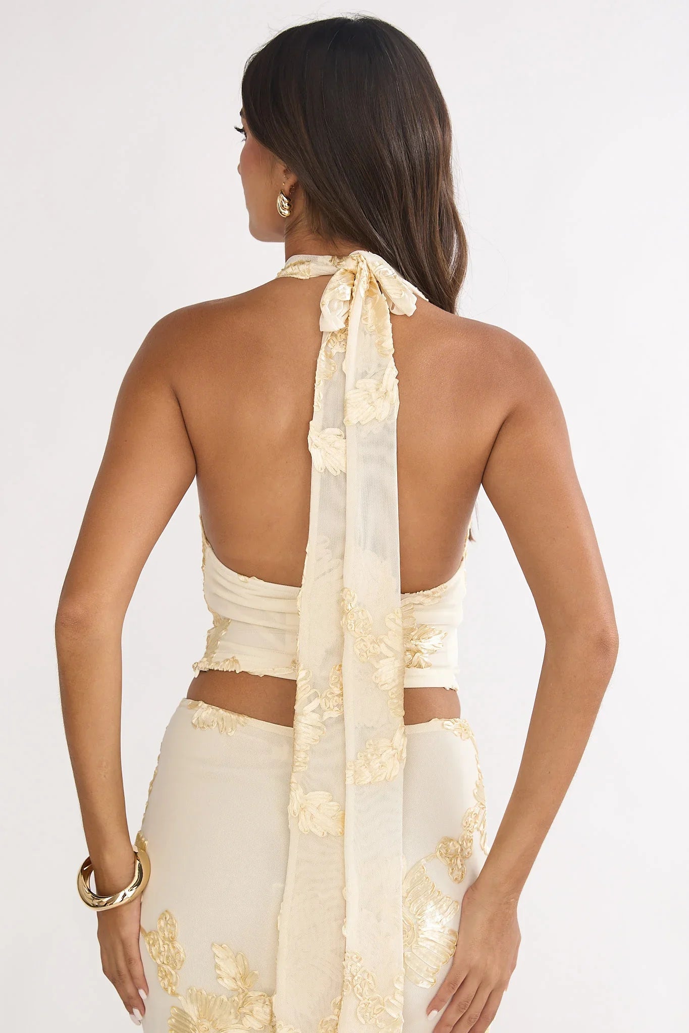 Golden Hours Cowl Halter Top Embellished Yellow