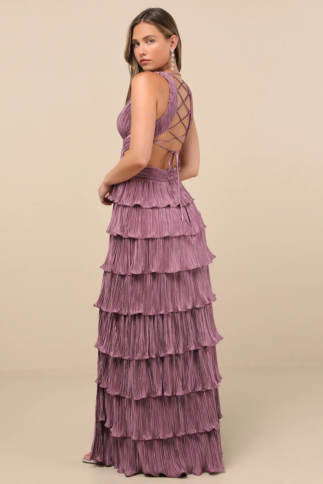 Beauty Icon Gold Satin Pleated Tiered Lace-Up Maxi Dress